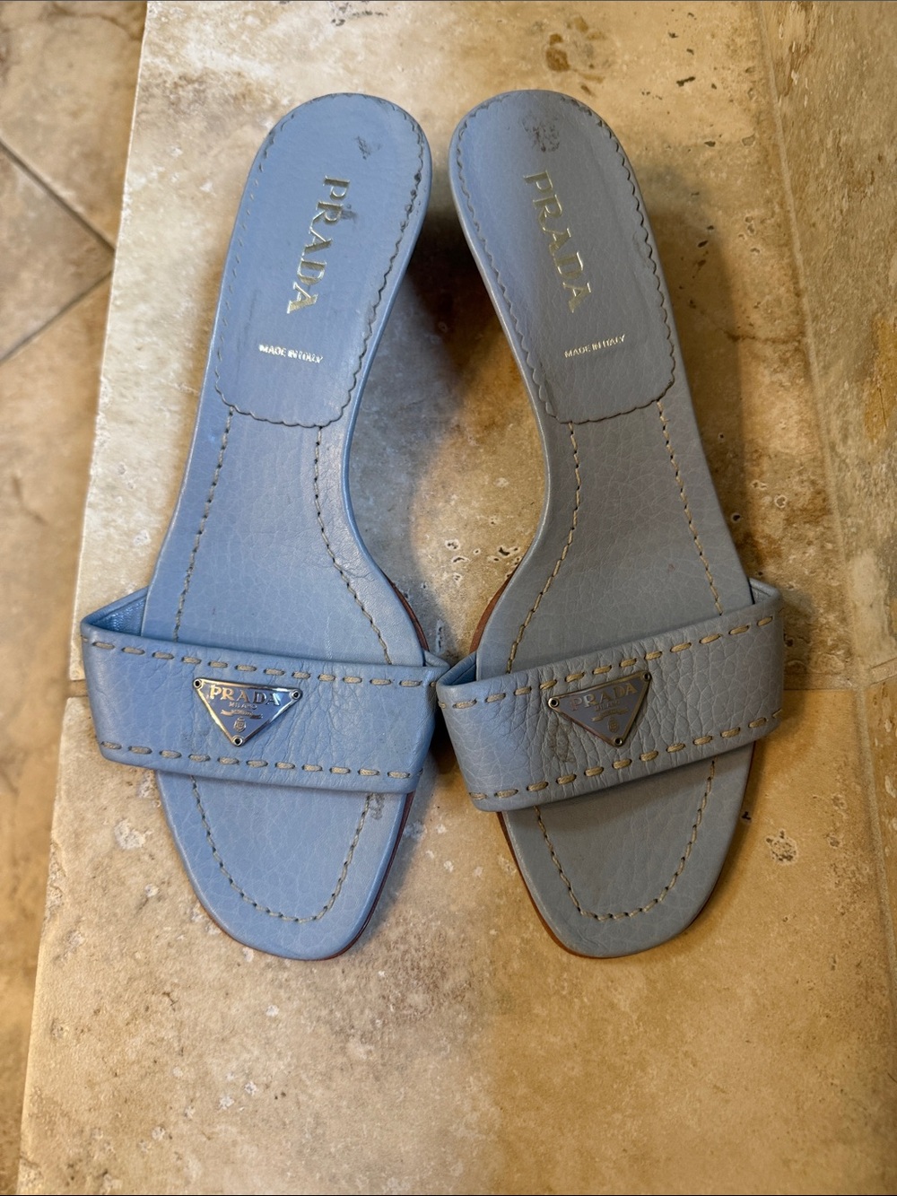 Prada Light Blue Leather Slide Mules with Triangle Logo